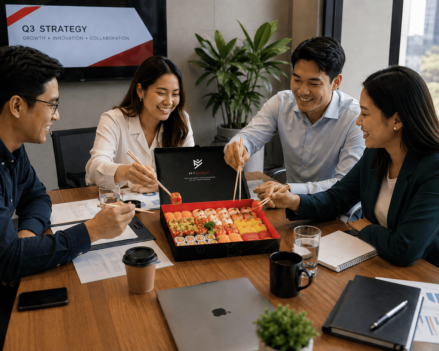 Office team sharing a My Sushi box during a meeting
