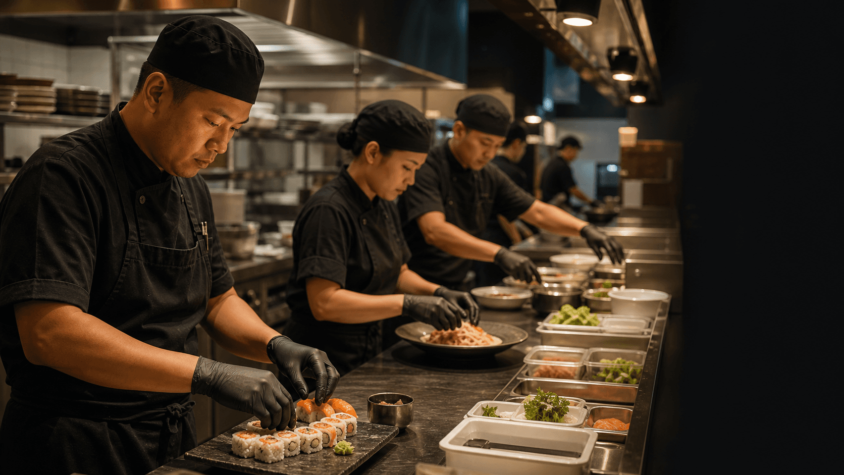 Kitchen team preparing sushi and pasta